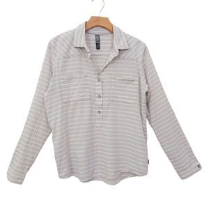 Mountain Hardwear Top Womens Medium Beige 1/2 Button Striped Long Sleeve Travel